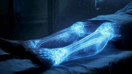 Poster - glowing holographic bones visualizing patient leg anatomy during advanced rehabilitation session, sh