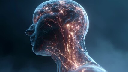 Poster - Detailed medical visualization revealing fever progression through human body, illuminating interconnected nervous system and glowing vascular network with biological energy traced from core
