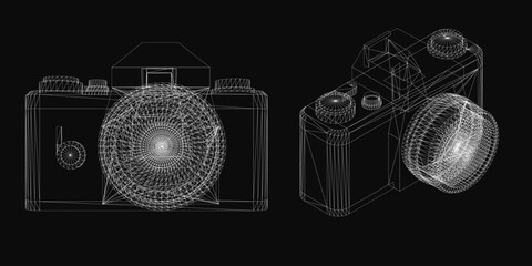 Poster - Black and white wireframe camera with intricate lines and geometric shapes, retro design on dark background. The minimalist vector illustration has a futuristic yet nostalgic aesthetic.
