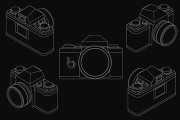 Poster - Retro cameras in a symmetrical line drawing on a black background, featuring detailed lenses, buttons, and unique designs. The stark contrast highlights the intricate white outlines against the.