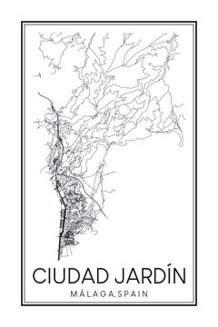 Hand drawn printable downtown road map poster of district CIUDAD JARDÍN of the Spanish city of MÁLAGA on solid white background with city name
