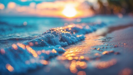Poster - Abstract background featuring a blurred tropical shoreline with sunlit bokeh and wave patterns, emphasizing travel themes in retro hues