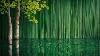 Poster - Lush forest scene with vibrant green foliage and wooden elements