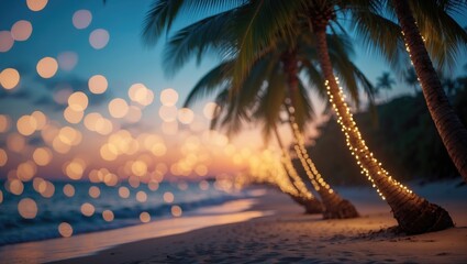 Poster - Soft glowing bokeh effects with a tropical palm silhouette during sunset