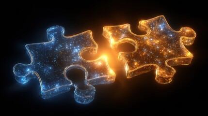 Poster - Two Glowing Puzzle Pieces Connect in a Cosmic Display of Light and Color in a Dark Backdrop, Symbolizing Unity and Connection