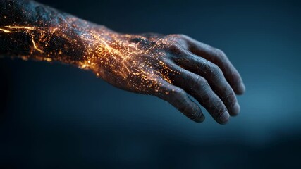 Poster - Orange glowing particles illuminating scarred skin, revealing intricate healing process and potential medical technology for tissue regeneration on human male hand and forearm against dark backdrop