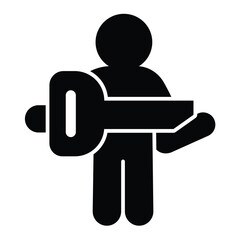Poster - Man with big key solid icon, design recruitment concept. Vector graphics. Key with famous person, human recourse sign on white background, style mobile or design.
