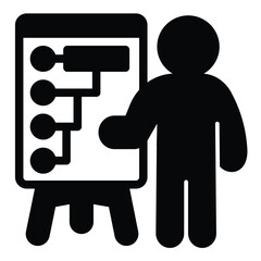 Poster - Man at whiteboard infographics solid icon, design recruitment concept. Vector graphics. Human with presentation stand sign on white background, style mobile or design.