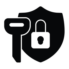 Fototapete - Key and safety emblem with lock solid icon, design recruitment concept. Vector graphics. Large key with defense shield sign on white background, style mobile or design.