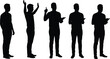 © Titan - Silhouetted male figure collection showcasing various body language poses, from standing to gesturing with arms and holding a clipboard, ideal for business, communication, or presentation stock images