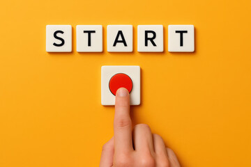 Poster - An initiative begins as a presses a red button below white tiles spelling start symbolizing action and progress
