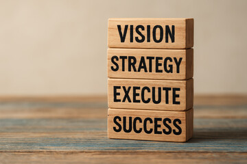 Poster - The stacked wooden blocks symbolize the progression from vision and strategy through execution to achieving business success in planning