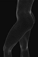 Fototapete - Wireframe model of a female figure with transparent mesh structure, showcasing anatomical contours and digital design elements. The 3D rendering highlights joints, curves, and skeletal framework