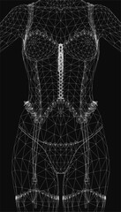 Poster - A wireframe female figure in sexy lingerie, composed of clean white lines on a black background, showcasing a 3D digital render of the body's structure.