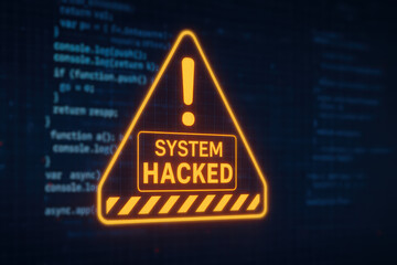 Poster - A glowing warning symbol highlights the critical risk a compromised system emphasizing urgent cybersecurity threats and potential data breach impacts for businesses