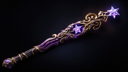 Poster - A black background features a magic wand with gold and purple hues, where a genuine witch or wizard would only wear an illuminated star gem or crystal. Conceptual Magical Staff