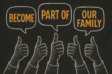 Poster - The symbolizes approval and inclusion as multiple hands give thumbs up beneath speech bubbles encouraging and belonging in a collaborative environment