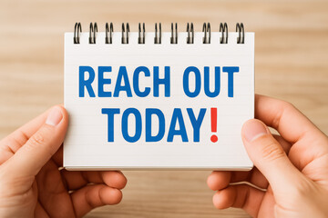 Poster - Motivation drives action as two hands present a notepad urging connection and initiative in a vibrant tone