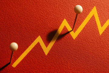Poster - A textured red surface with a bright yellow zigzag and pins marks fluctuating business growth and market trends