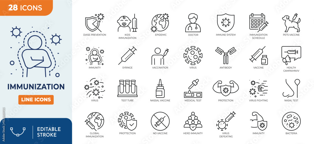 immunization line editable icon set. Editable stroke. Vector ...