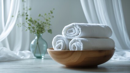 Poster - Product display of towels on a wooden plate with a softly blurred bathroom scene in the background