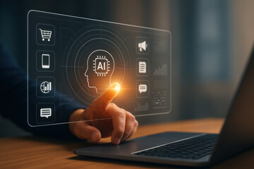 Poster - Innovation and intelligence converge as a person’s interacts with a transparent interface highlighting artificial intelligence’s role in digital transformation and data management