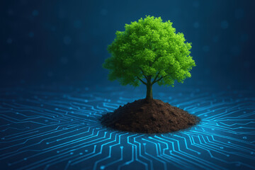 Poster - Growth and innovation emerge as a solitary tree rises from rich soil symbolizing sustainability and progress in a networked world