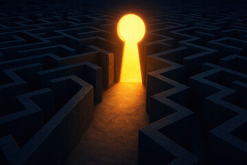 Poster - A glowing keyhole-shaped light at the end a dark maze symbolizes breakthrough guidance and new opportunities in complex challenges