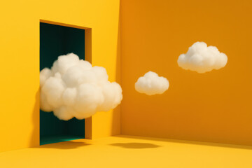 Poster - Concepts innovation and opportunity are illustrated by soft cotton-like clouds emerging through a large open doorway against smooth minimalist walls