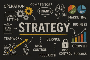 Poster - A chalkboard visually represents strategic planning highlighting teamwork growth and risk control to drive business success and marketing vision