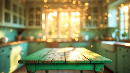 Poster - Green Empty wooden table with bokeh golden sunshine in the bright white kitchen interior as a blurred background behind.