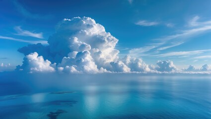 Wall Mural - Beautiful bright tropical summer day seascape panoramic view foggy weather cloudscape copy space white cumulus clouds above blue sea water landscape giant cloud above ocean panorama horizon