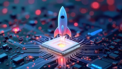 Leinwandbilder - Fiery rocket with glowing flames ascends from microchip on electronic circuit board, symbolizing technological breakthrough and digital innovation in business technology, 3D rendered abstract concept.
