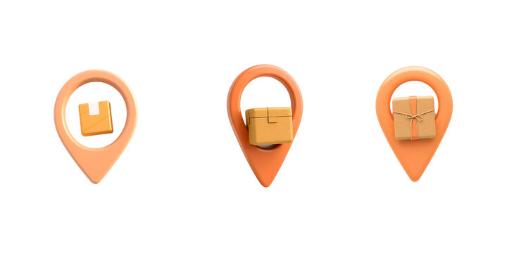 Three orange location pins with packages isolated on transparent background