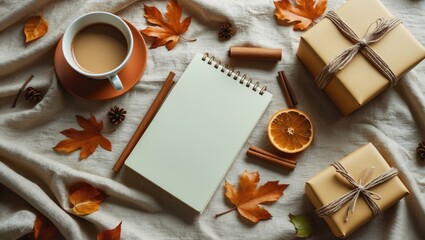 Wall Mural - Autumn arrangement featuring an empty diary, a coffee cup, dry leaves, and a gift wrapped in craft paper on a linen fabric background. Flat lay, space for text, idea.