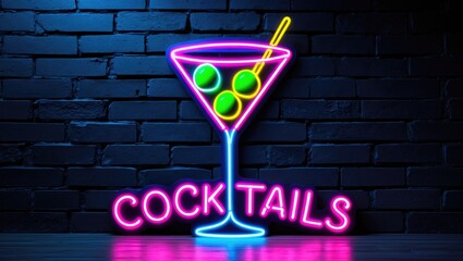 Poster - Glowing Purple Neon Inscription COCKTAILS along with a stylized blue cocktail glass with a yellow straw on a dark brick wall background. Dark-toned vintage image.
