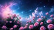 © TheWaterMeloonProjec - Fabulous fantasy panoramic banner background of a magical night sky with shining stars, mysterious clouds, and delicate pink rose flowers garden. Idyllic and tender heaven scene, with space for copy.
