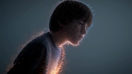 Poster - medical visualization of a child using an inhaler, with glowing animated particles surrounding him, 