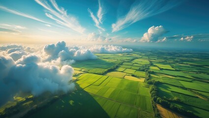 Wall Mural - Aerial panorama of green grass fields, forests, and blue sky with white cumulus clouds on a sunny summer day