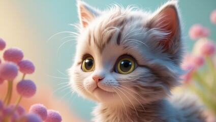 Poster - A young, furry kitten watching its environment. A computer-generated image that mimics modern animation. remarkably animated and suitable for children