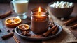 © TheWaterMeloonProjec - Aromo candle placed against a cup of hot chocolate and spices with marshmallows for drinks on a brown textured table. Hot drink. Hot chocolate with marshmallows and spices.