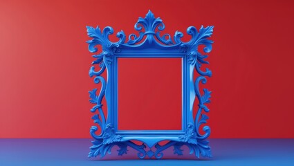 Poster - Blue empty frame isolated on red background. Retro-inspired decorative detail and background. Creative pop art concept featuring an antique frame. Comparison between vintage and modern styles.