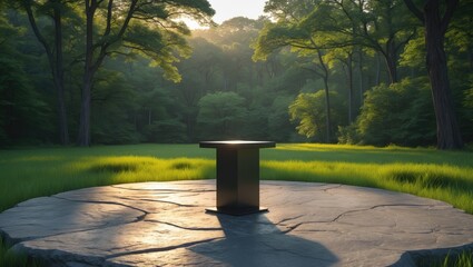 Poster - A genuine flat rock platform on lush green grass, with a forest in the background, an unoccupied product pedestal, surrounding green trees, and warm sunshine are all components of this scene.