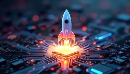 Leinwandbilder - Fiery rocket with glowing flames ascends from microchip on electronic circuit board, symbolizing technological breakthrough and digital innovation in business technology, 3D rendered abstract concept.