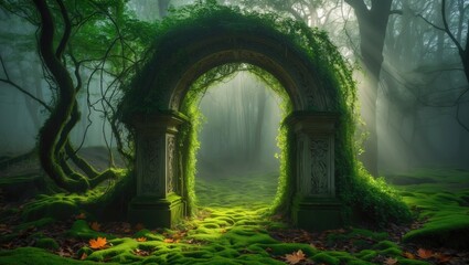 Poster - Gorgeous archway surrounded by a vine labyrinth set within a foggy forest landscape that appears straight from a fairy tale.