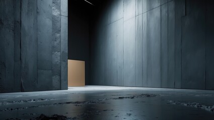 Poster - Empty dark grey concrete wall room studio background with rough floor, well-edited montage displays, product stage, and text on the backdrop.