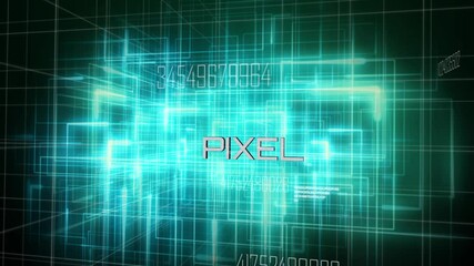 Poster - Building wireframe cube from teal grid in matrix, revealing PIXEL logo and scanning numeric codes