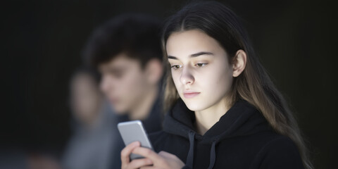 Poster - Young woman with long hair, wearing a black hoodie, is focused on her smartphone in a dimly lit environment, showcasing modern technology and social interaction