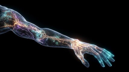 Poster - Medical visualization revealing glowing nervous system and blood circulation networks within human arm, rendered digitally against stark black background with innovative anatomical detail