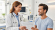 © Kaluya Stock - A friendly female doctor in a white coat hands documents to a smiling male patient in a bright hospital examination room